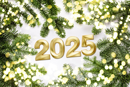 Holiday background Happy New Year 2025. Numbers of year 2025 made by gold candles on background with fir tree. celebrating New Year holiday, close-up. Space for textの写真素材
