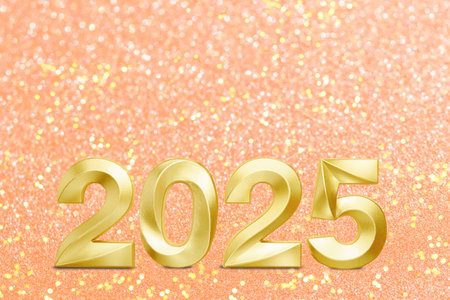 Holiday background Happy New Year 2025. Numbers of year 2025 made by gold candles on bokeh festive...
