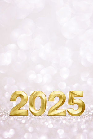 Holiday background Happy New Year 2025. Numbers of year 2025 made by gold candles on bokeh festive sparkling background. celebrating New Year holiday, close-up. Space for textの写真素材