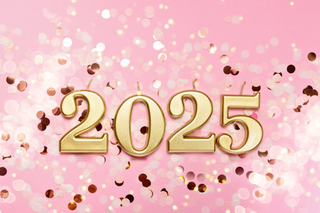 Holiday background Happy New Year 2025. Numbers of year 2025 made by gold candles on pink glitter...