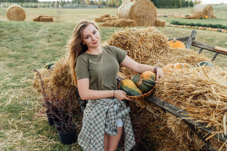 Young woman holding a basket of pumpkins near a haystack on a farm field. Outdoor autumn harvest scene. Fall season and agriculture concept for design and printの写真素材
