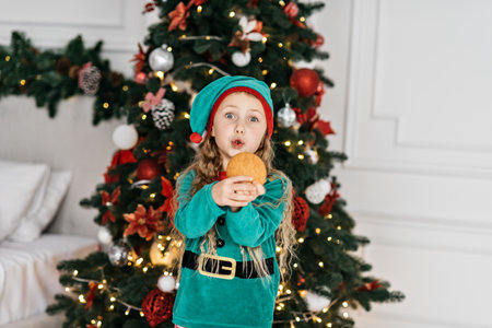 girl dressed as an elf enjoys a festive cookie by the Christmas tree. Warm lights and holiday...