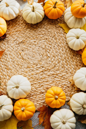 circular arrangement of white and orange mini pumpkins on a woven mat, accented with autumn leaves. A cozy and seasonal setup for fall or Thanksgiving decor.の写真素材