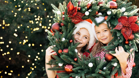 Merry Christmas. Portrait of two happy funny children girls in Santa hat with Christmas wreath. Happy Holidays. Fairy Magic. Happy kids enjoying holiday. Christmas in Julyの写真素材