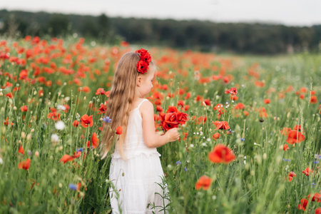 Beautiful girl in field of poppies and wheat. outdoor portrait in poppies. girl collecting poppies and cornflower in summer field.の写真素材
