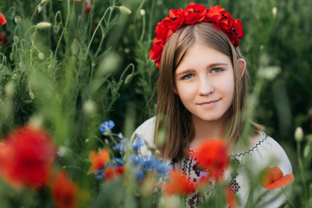 Ukraines Constitution day. 24 August. Patriotic holiday. outdoor portrait. Girl in traditional...