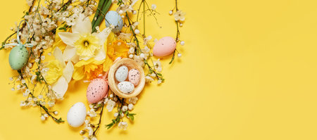 Spring Holiday Card Concept with Floral Arrangement. Flat lay of Easter eggs, spring flowers, and decorative nest on yellow background, greeting card concept with bright festive designの写真素材