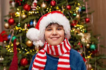 Excited Child in Santa Hat with Christmas Tree Background holding a festive gnome toy, smiling brightly in front of a beautifully lit and decorated Christmas tree. magical holiday ambianceの写真素材