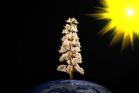 Huge tree grow up from Earth in spaceの写真素材