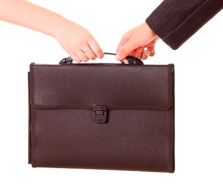 Two hands holdging bag isolated on whiteの写真素材