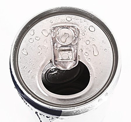 aluminum can closeup with water drops isolated on white