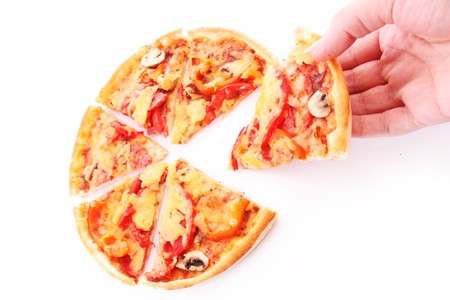 Tasty pizza and handの写真素材