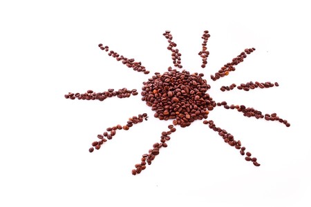 Coffee beans in sun symbol isolated on white
