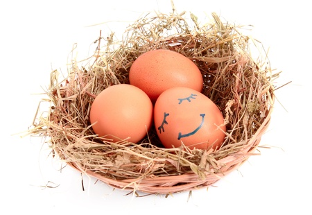 Group of brown hen's eggs with a sleeping face in the nest isolated on whiteの写真素材