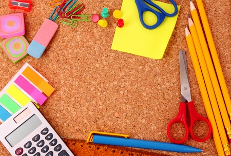 Stationery on cork boardの写真素材