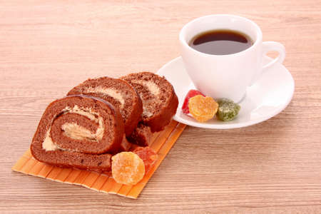 Piece of cake and coffee isolated on whiteの写真素材