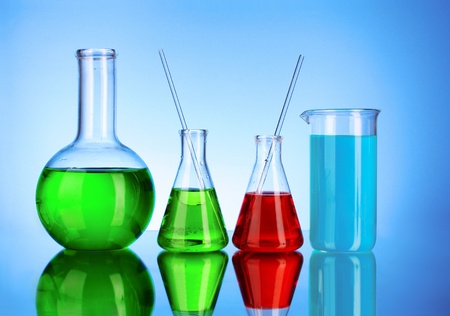 Laboratory glassware on black backgroundの写真素材