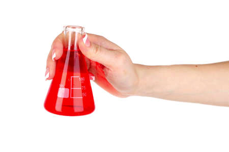 Conical test-tube in hand isolated on whiteの写真素材