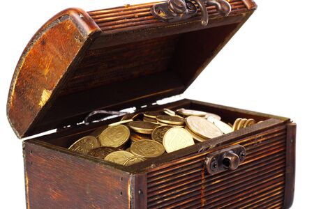 Chest with coins (Ukraine) isolated on whiteの写真素材