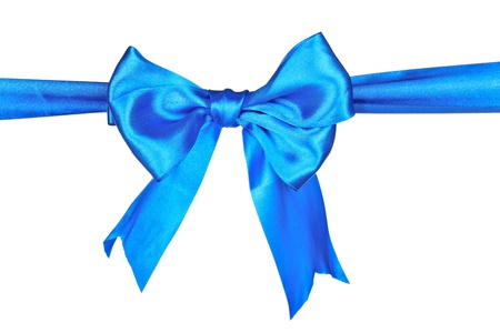 Blue ribbon and bow isolated on white backgroundの写真素材