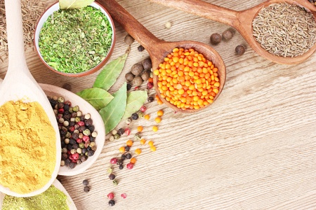 spices in the spoons on wooden background