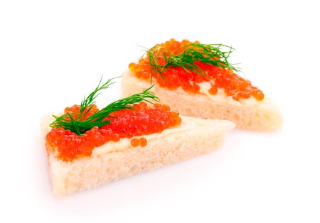 Red caviar and bread isolated on whiteの写真素材