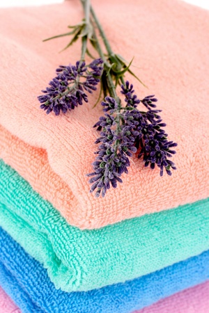 terry towels and lavender isolated on whiteの写真素材