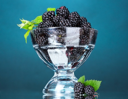 beautiful blackberries in glass on blue backgroundの写真素材