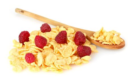 tasty cornflakes and raspberries isolated on whiteの写真素材