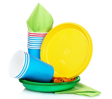 bright plastic tableware isolated on whiteの写真素材
