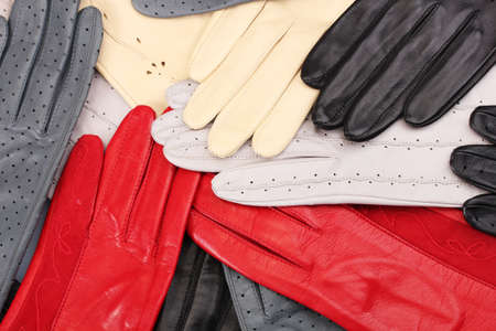 lot of beautiful women leather gloves closeupの写真素材