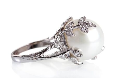 beautiful ring with pearl isolated on whiteの写真素材