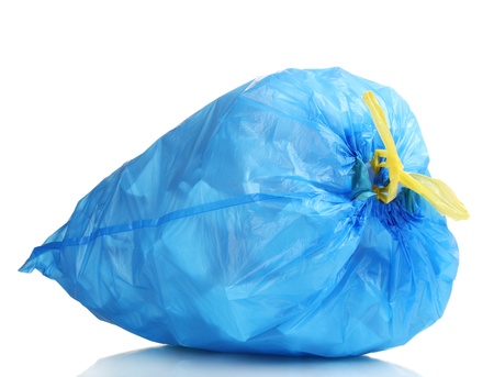 blue garbage bag with trash isolated on whiteの写真素材