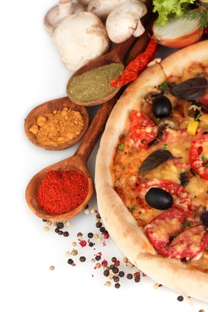delicious pizza, vegetables and spices isolated on whiteの写真素材
