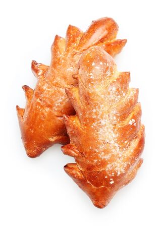 two tasty sweet buns isolated on whiteの写真素材