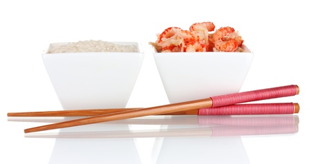 rice and shrimp in bowls on isolated on whiteの写真素材