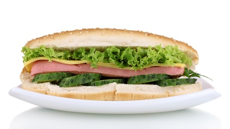 Delicious sandwich on plate isolated on whiteの写真素材