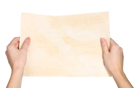 Hands and paper isolated on whiteの写真素材