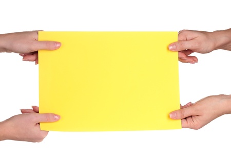 Hands and paper isolated on whiteの写真素材