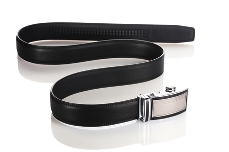 men's leather belt isolated on whiteの写真素材