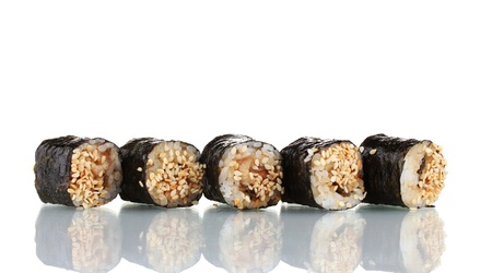 Tasty rolls in line isolated on whiteの写真素材