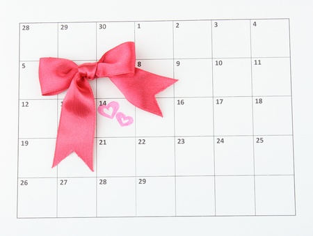 Calendar page with hearts and bow on St.Valentines Dayの写真素材