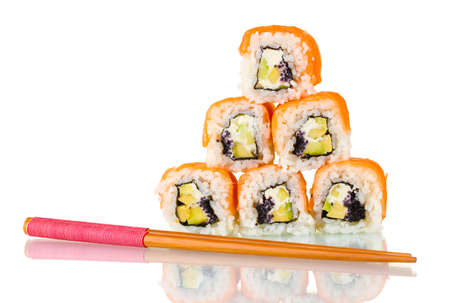 Tasty rolls with chopsticks isolated on whiteの写真素材