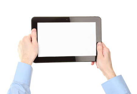 male hands holding a tablet isolated on white