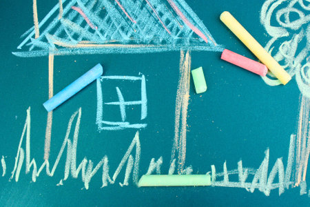 House, child's drawing with chalkの写真素材
