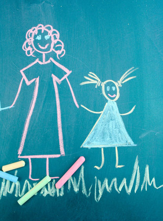 Happy family, child's drawing with chalkの写真素材