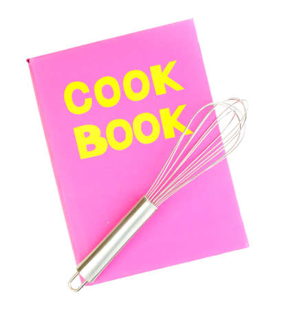 Pink cookbook and kitchenware isolated on whiteの写真素材