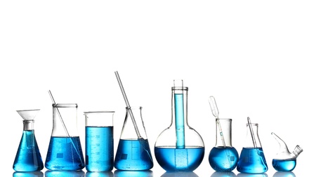 Test-tubes with blue liquid isolated on whiteの写真素材