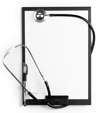 stethoscope and black clipboard isolated on whiteの写真素材