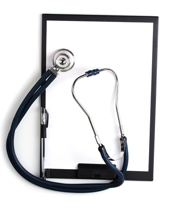 stethoscope and black clipboard isolated on whiteの写真素材